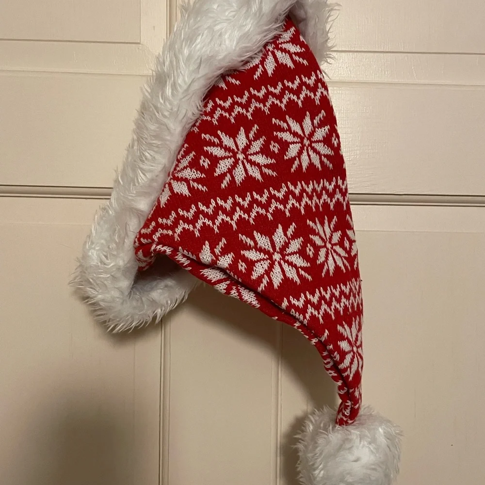Red Snowflake Knit Santa Hat with White Faux Fur Trim